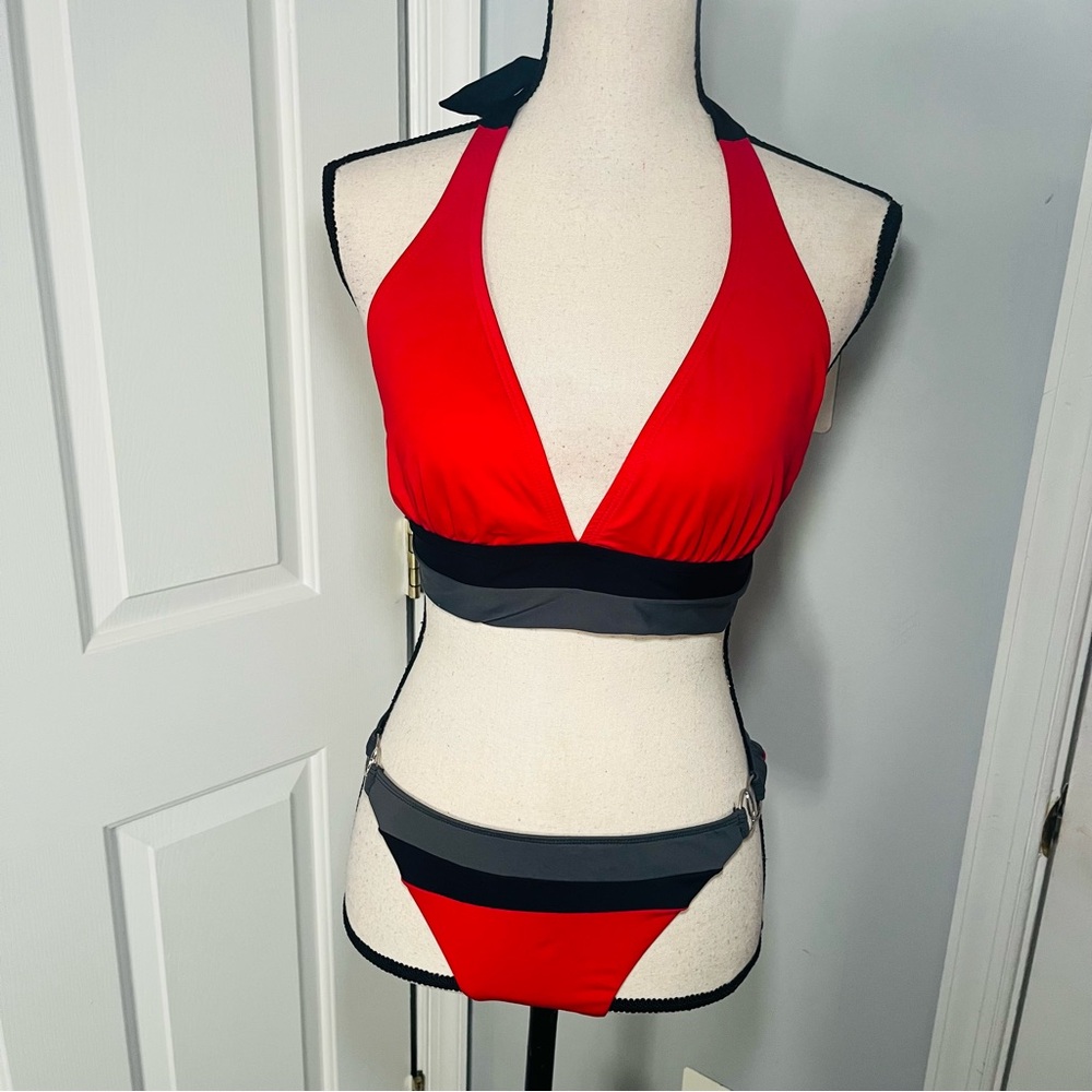 Red and Black Halter Bikini Set